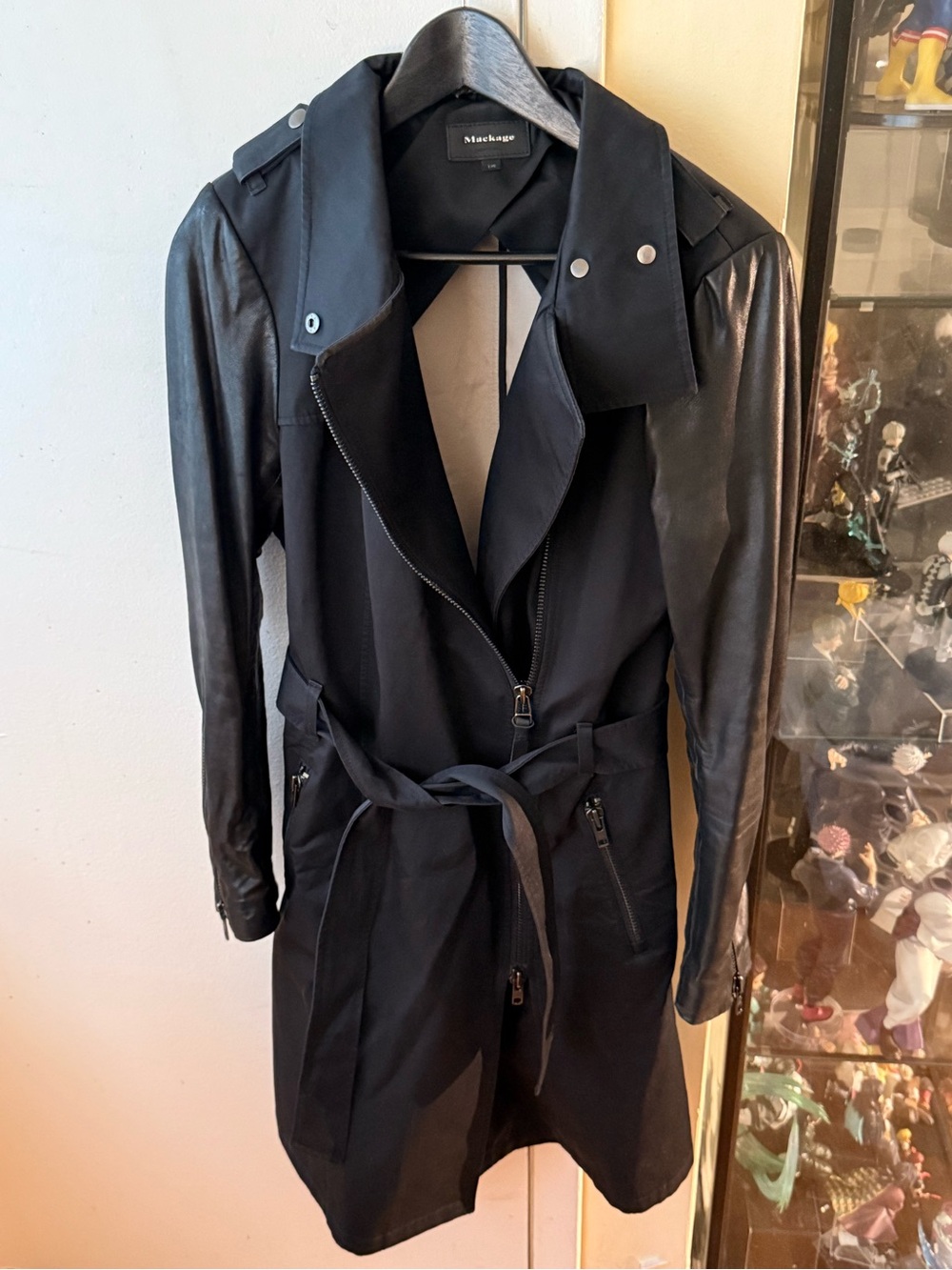 Mackage Black Trench Coat with Leather Sleeves